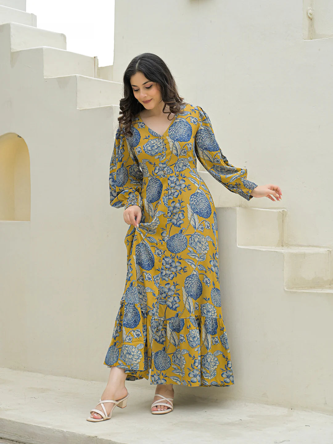 Aravalii Mustard Rayon Flare Dress