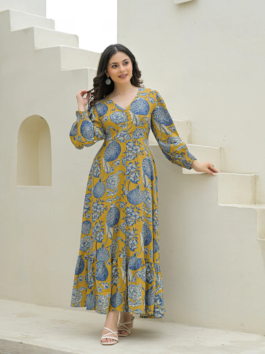 Aravalii Mustard Rayon Flare Dress