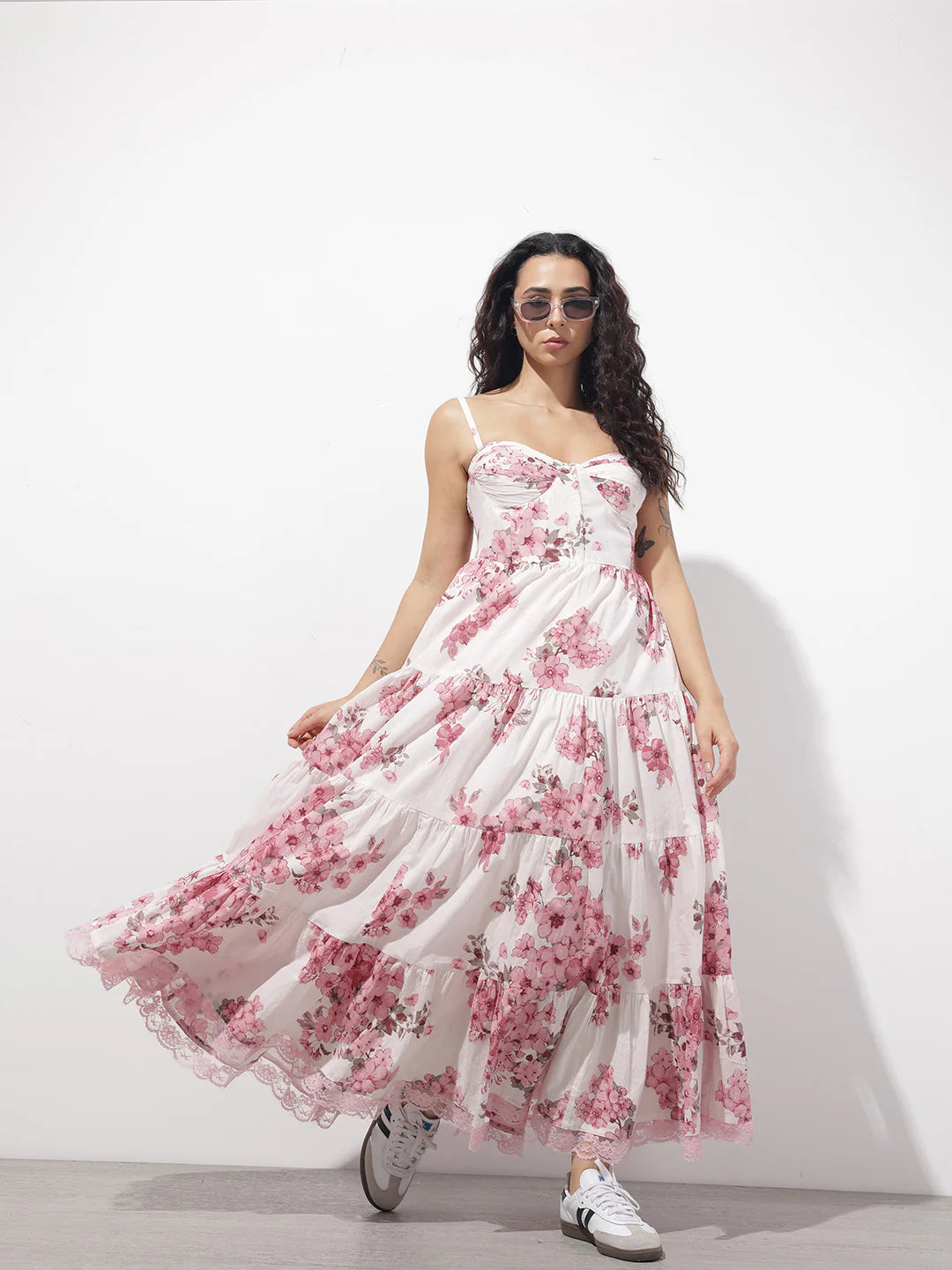 White Floral Shoulder strap Cotton Dress