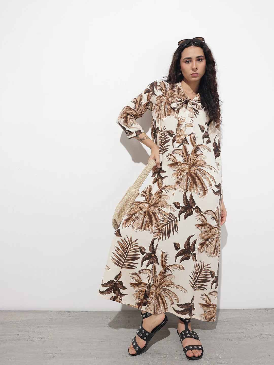 Cream Tie up Neck Rayon Maxi Dress