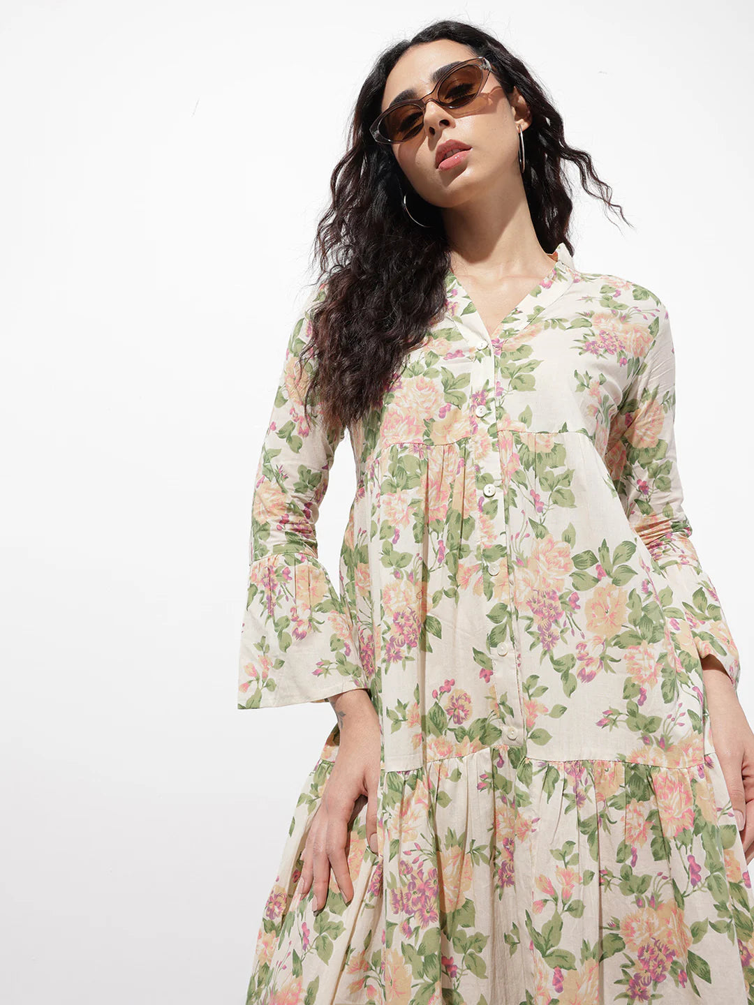 Aravalii Cream Mandarin Coller Floral Print Cotton Midi Dress