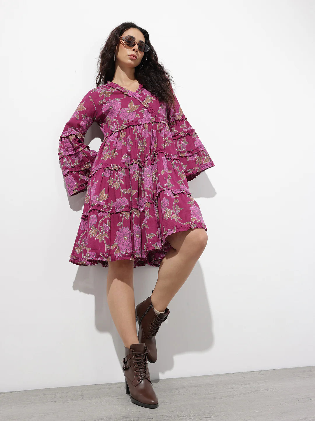 Aravalii Purple V-Neck Midi Cotton Dress