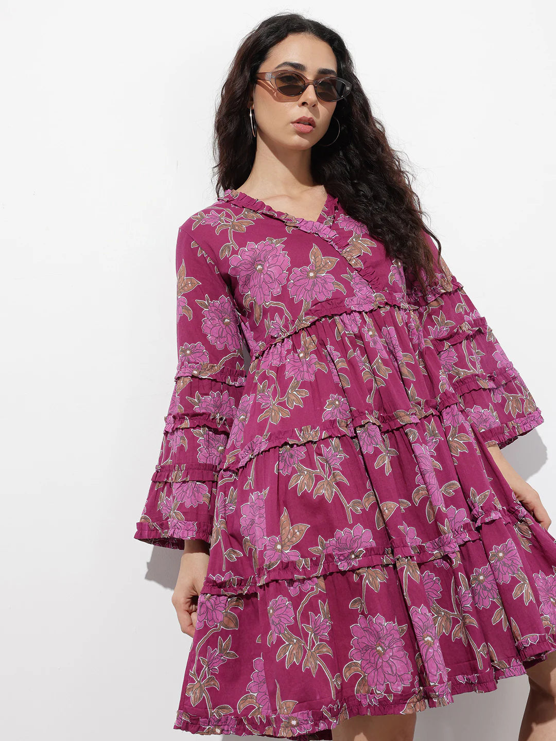 Aravalii Purple V-Neck Midi Cotton Dress