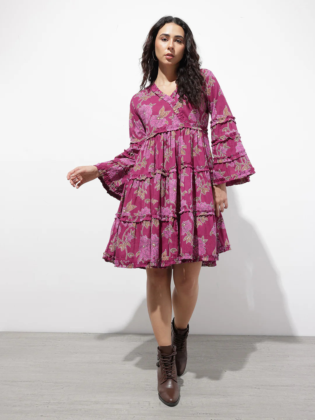 Aravalii Purple V-Neck Midi Cotton Dress