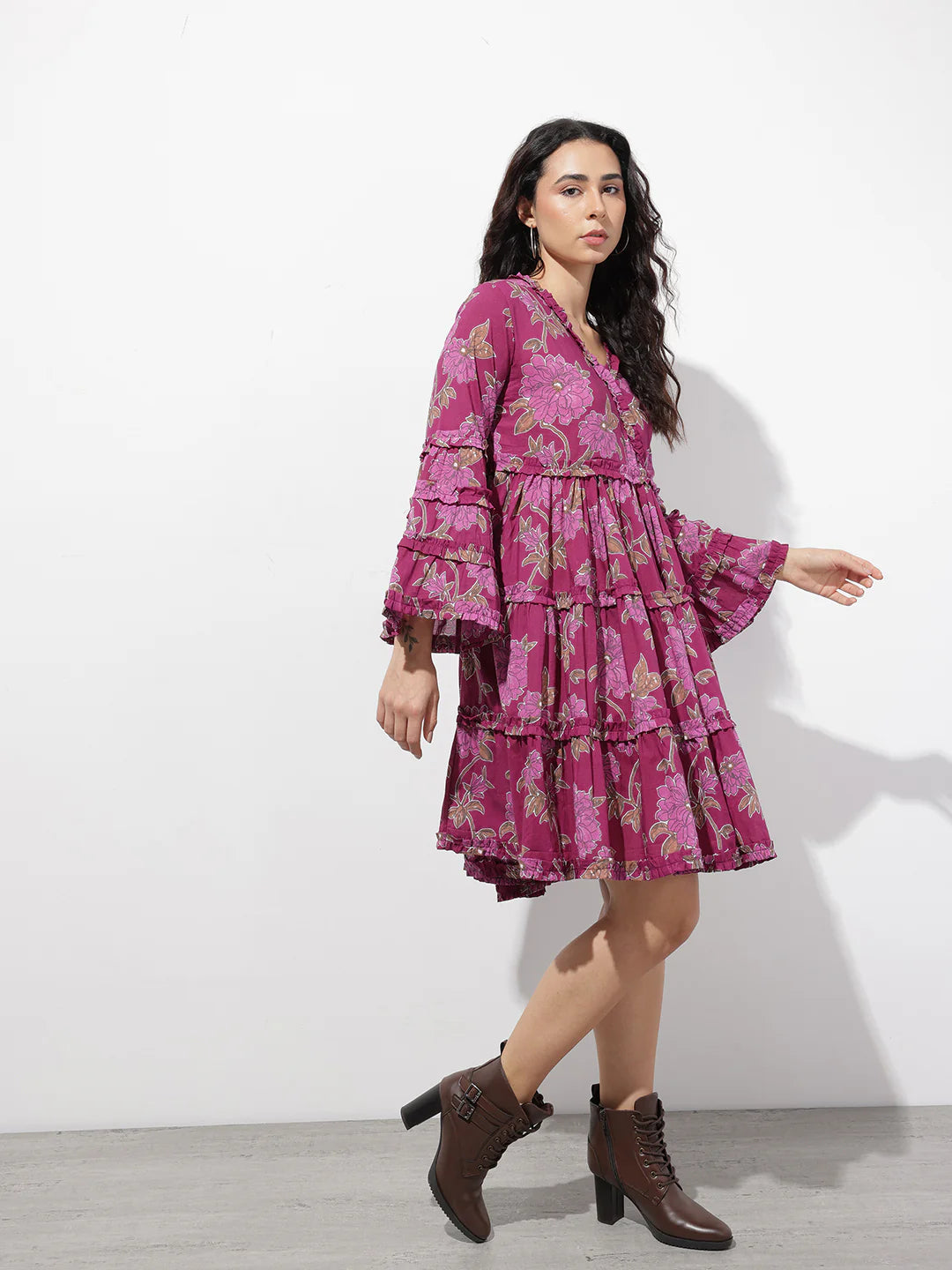 Aravalii Purple V-Neck Midi Cotton Dress