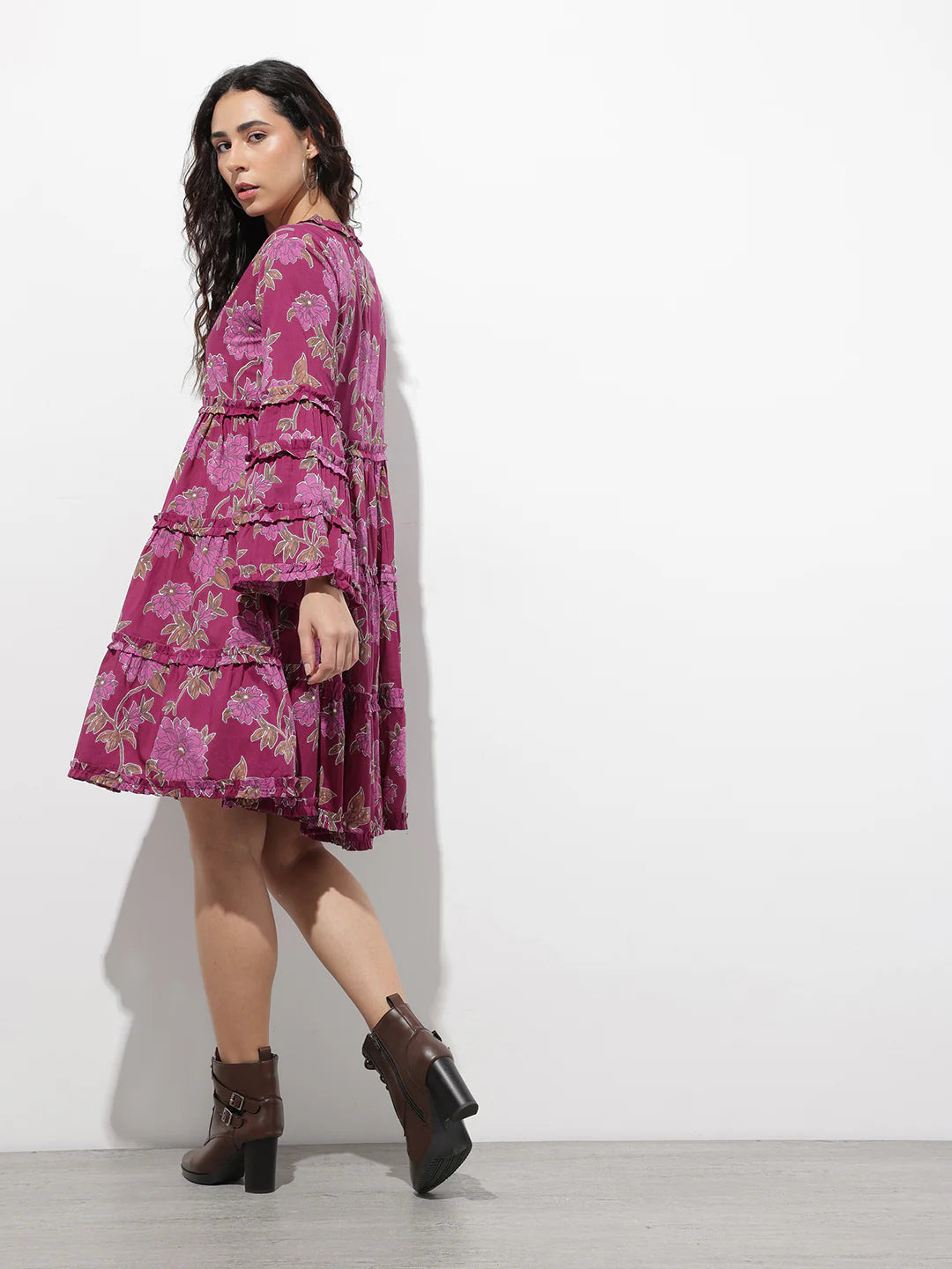 Aravalii Purple V-Neck Midi Cotton Dress