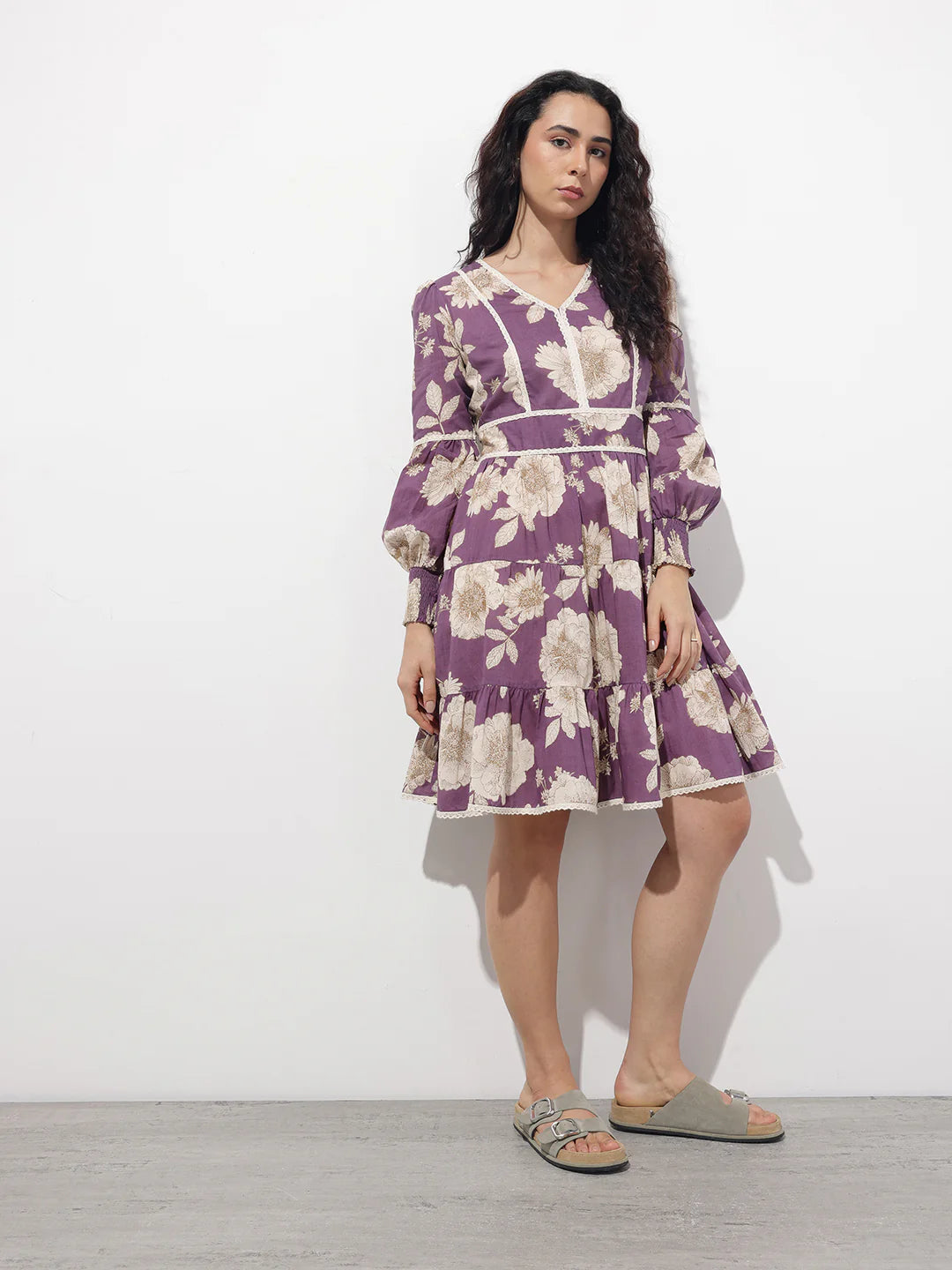 Aravalii Purple V-Neck Midi Cotton Dress