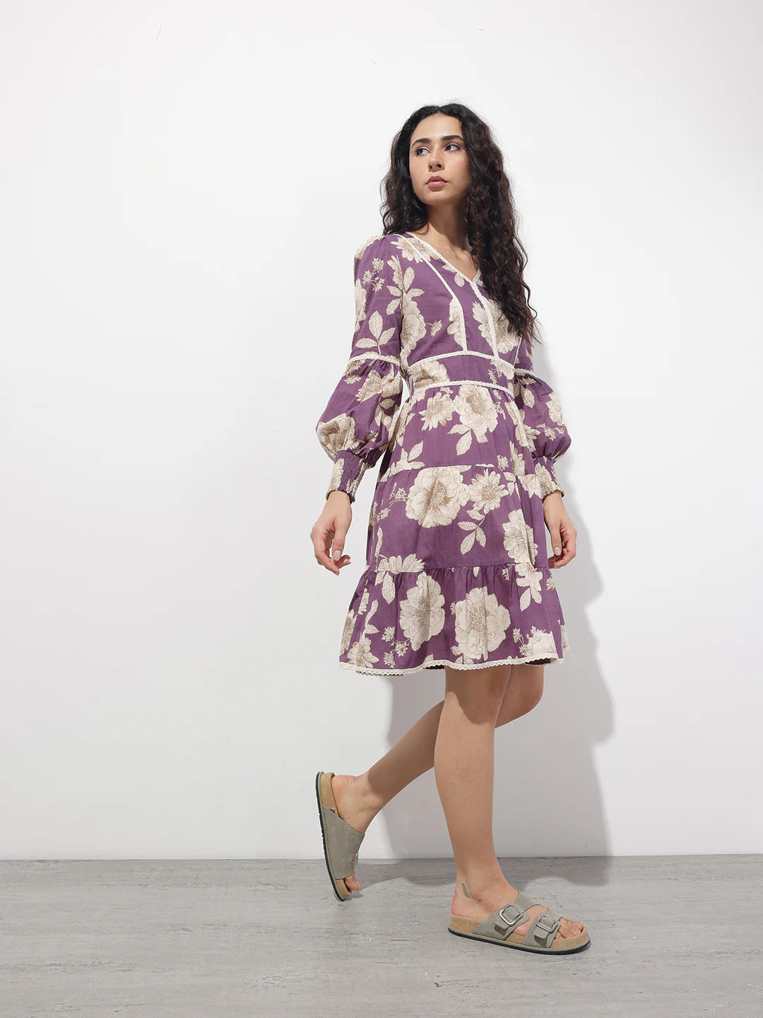 Aravalii Purple V-Neck Midi Cotton Dress