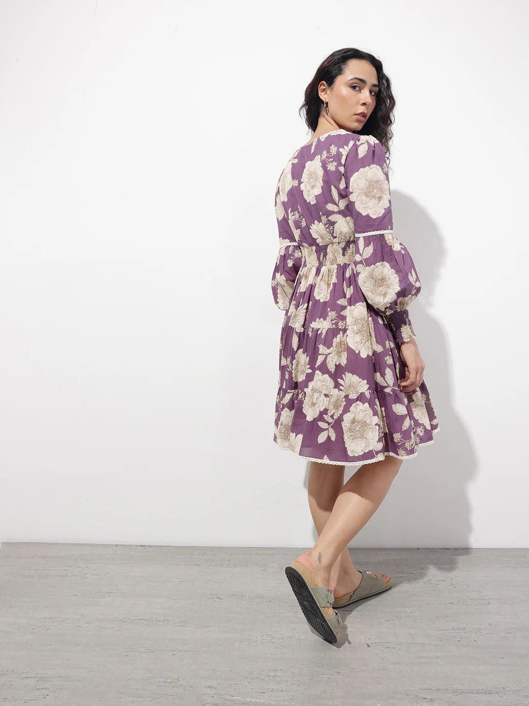 Aravalii Purple V-Neck Midi Cotton Dress