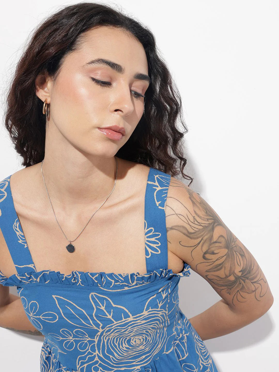 Aravalii Blue Shoulder Strap Poplin Cotton Mini Dress