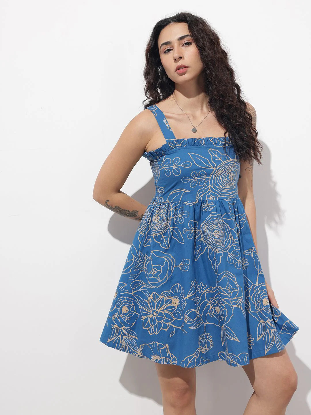 Aravalii Blue Shoulder Strap Poplin Cotton Mini Dress