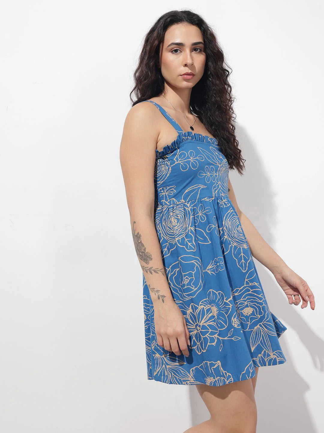 Aravalii Blue Shoulder Strap Poplin Cotton Mini Dress