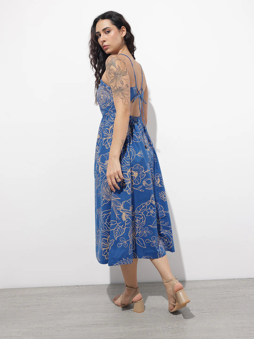 Aravalii Blue noodle strap Poplin Cotton Midi Dress