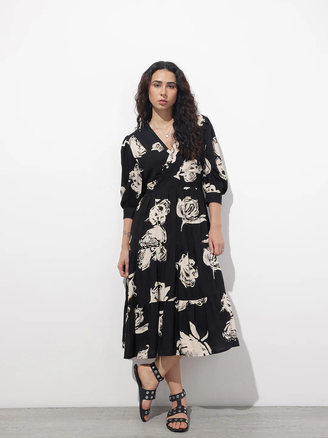 Aravalii Black V-Neck Midi Dress