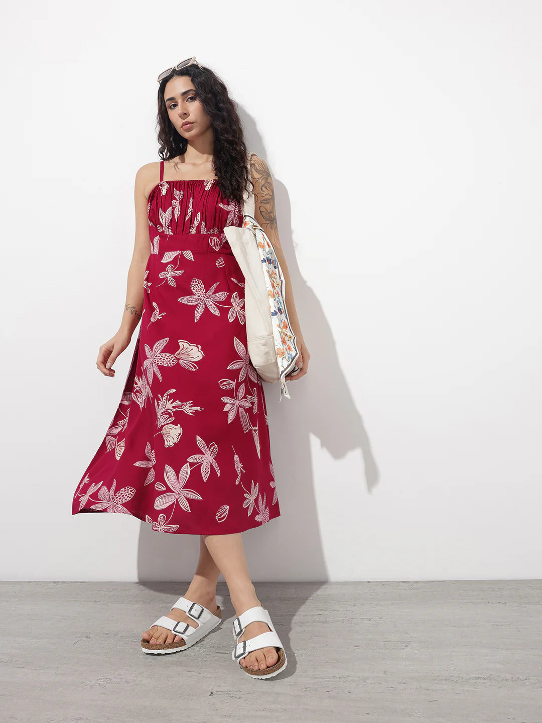Maroon Shoulder Strapes Fit & Flared Rayon Dress