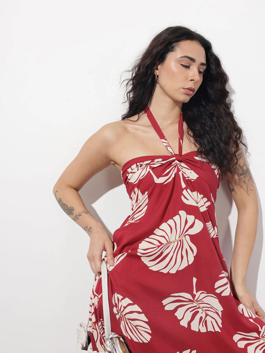 Aravalii Maroon Shoulder Strapes Fit & Flared Rayon Dress