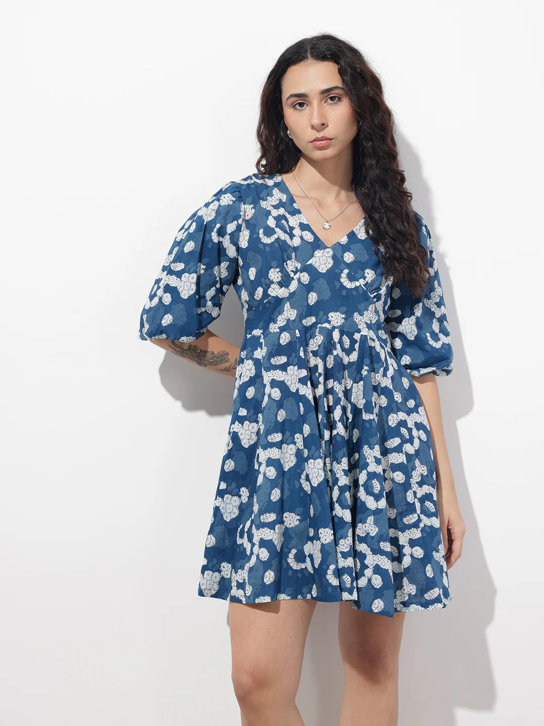 Blue V-Neck Short Bell Sleeves Mini Cotton Dress