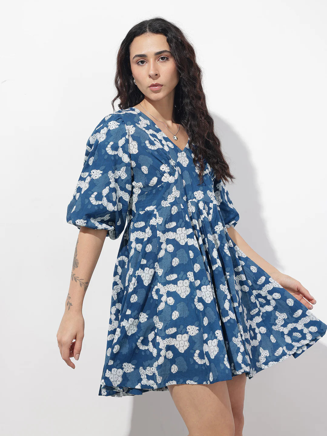 Blue V-Neck Short Bell Sleeves Mini Cotton Dress