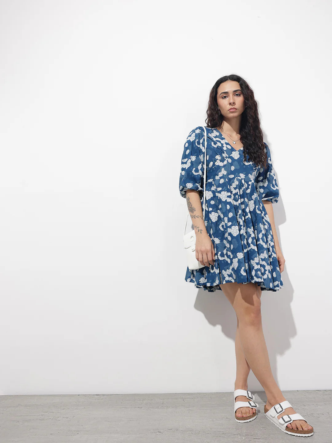 Blue V-Neck Short Bell Sleeves Mini Cotton Dress