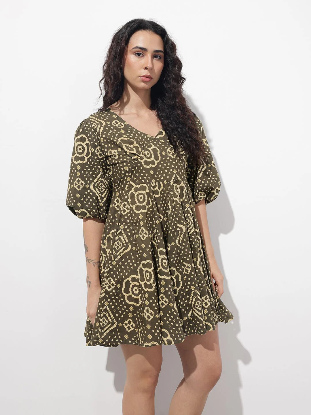 Brown V-Neck Short Bell Sleeves Mini Cotton Dress