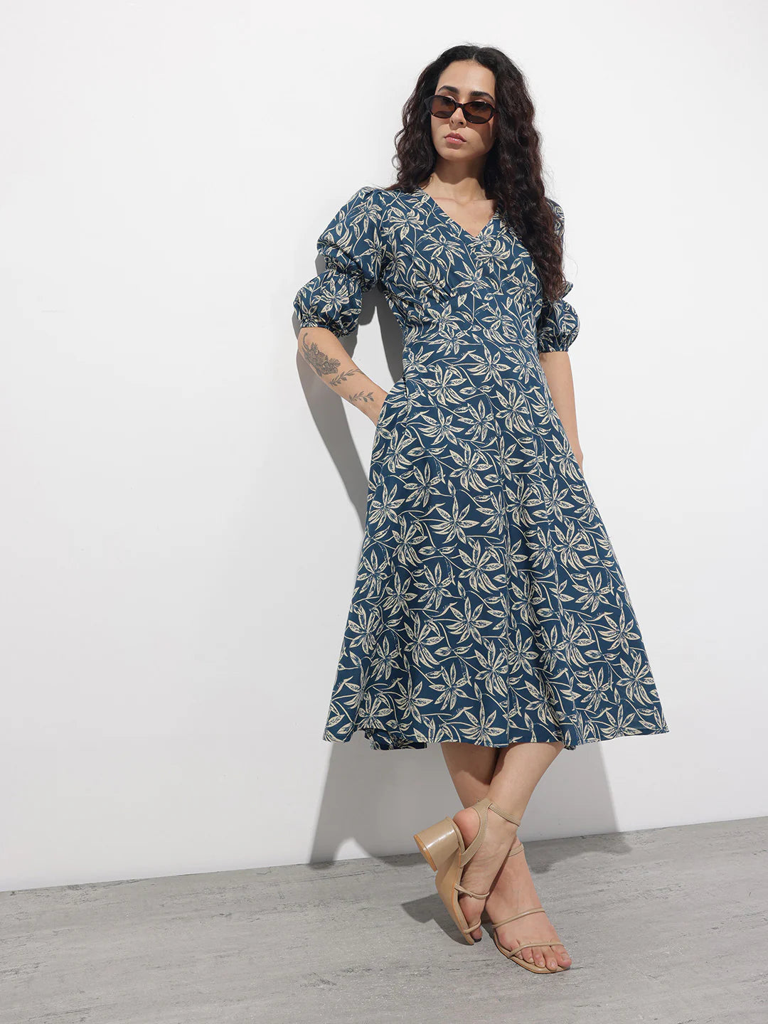 Aravalii Blue V-Neck Midi Cotton Dress