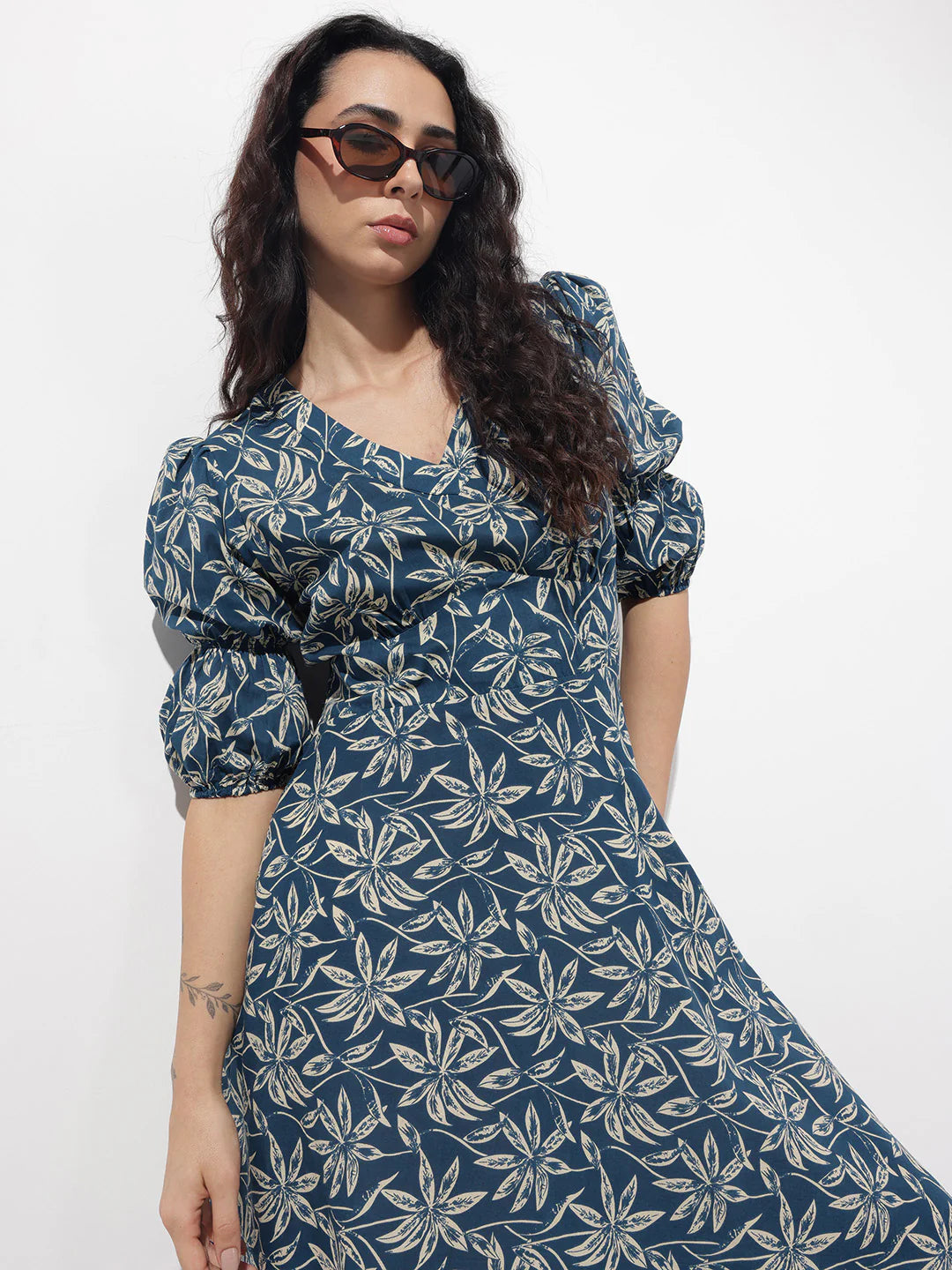 Aravalii Blue V-Neck Midi Cotton Dress