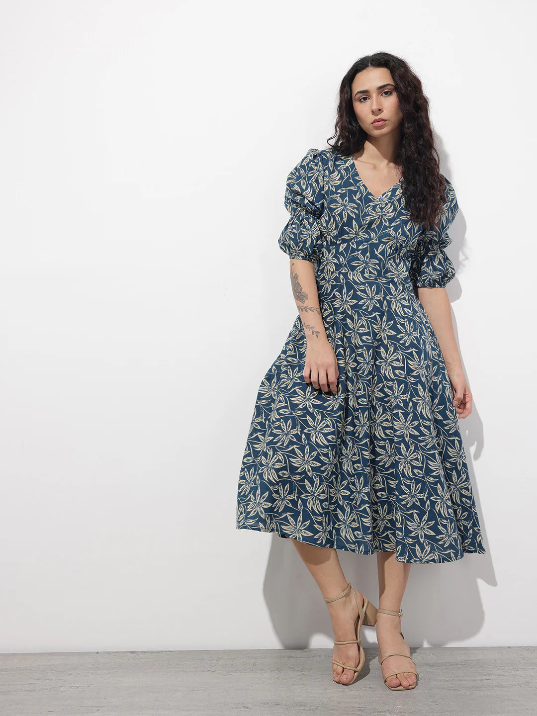 Aravalii Blue V-Neck Midi Cotton Dress