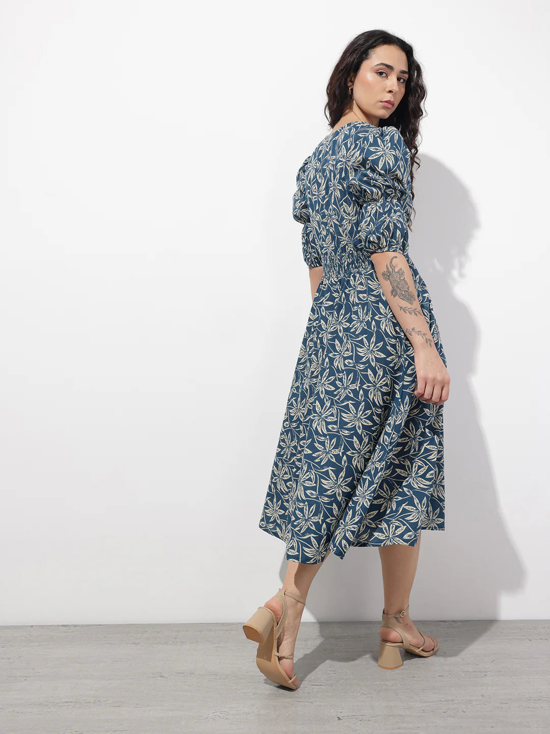 Aravalii Blue V-Neck Midi Cotton Dress
