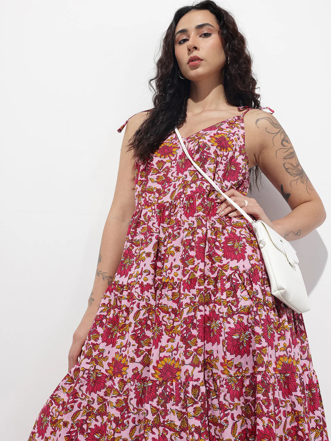 Aravalii Pink Shoulder Strapes Fit & Flared Cotton Dress
