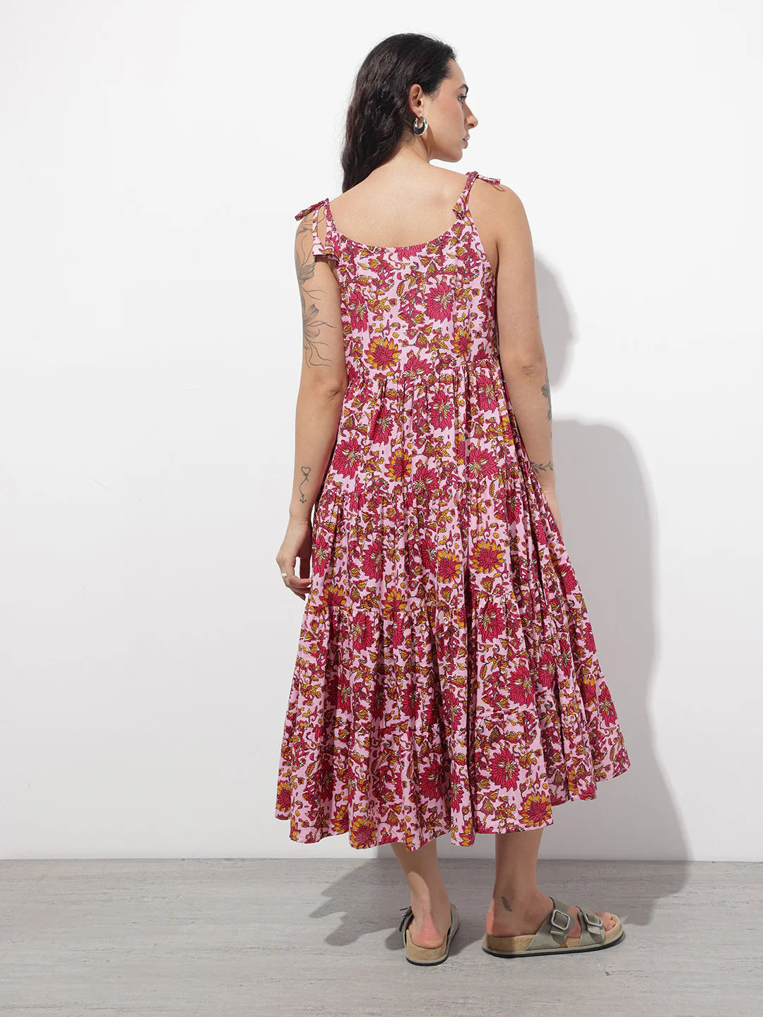 Aravalii Pink Shoulder Strapes Fit & Flared Cotton Dress