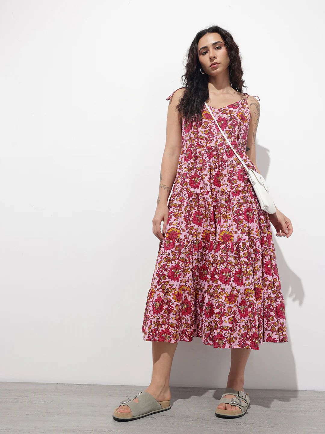 Aravalii Pink Shoulder Strapes Fit & Flared Cotton Dress