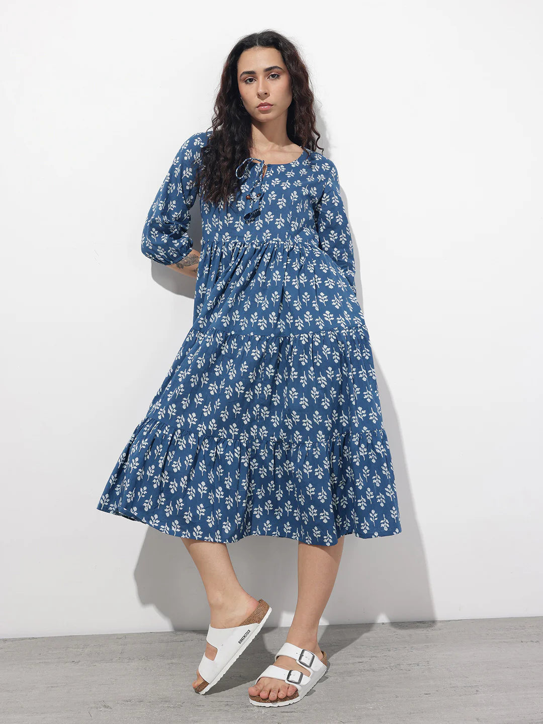 Aravalii indigo Tie-up Neck Flared Cotton Dress