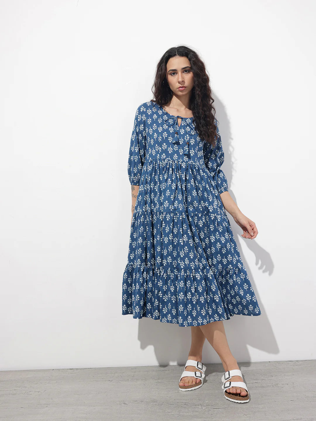 Aravalii indigo Tie-up Neck Flared Cotton Dress
