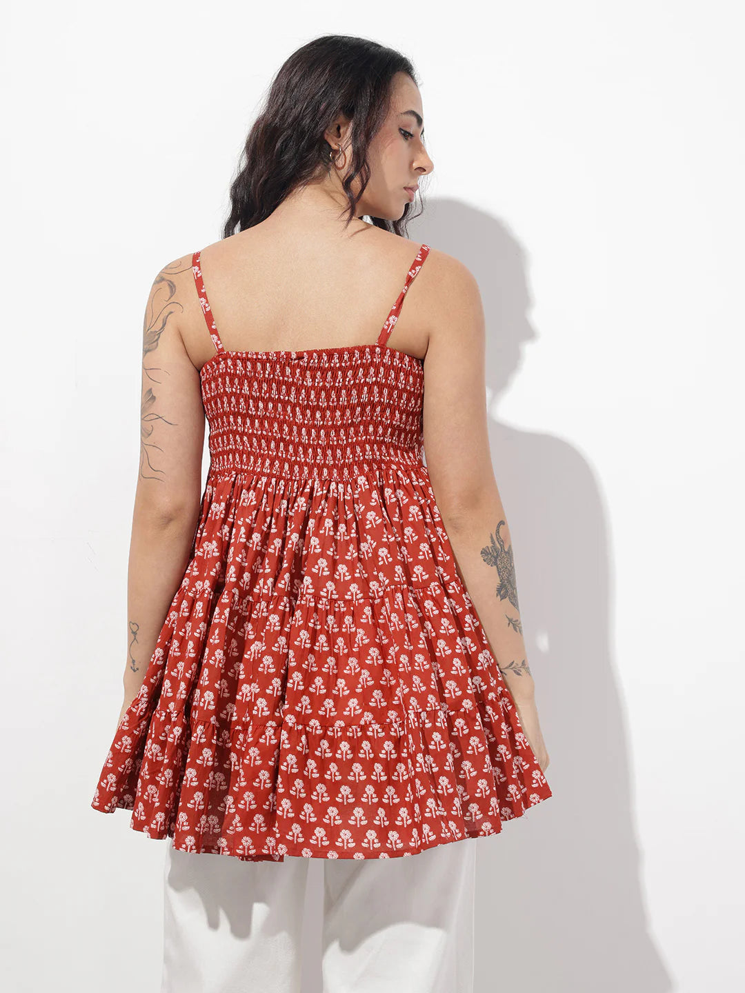 Red Floral Shoulder Straps Gather Tier Top