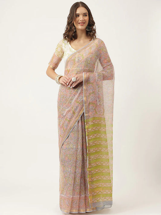 Green Handblock Kota Doria Saree