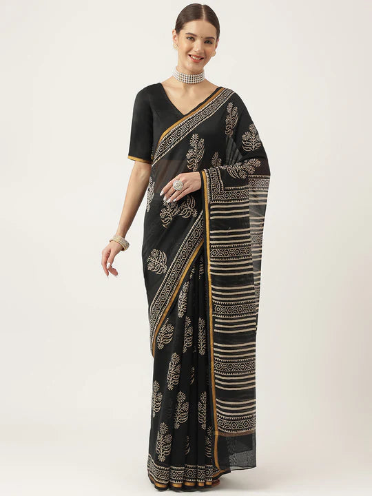 Black Handblock Chanderi Silk Saree