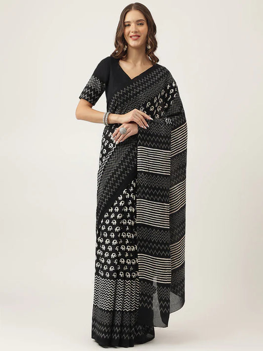 Black Handblock Mulmul Cotton Saree