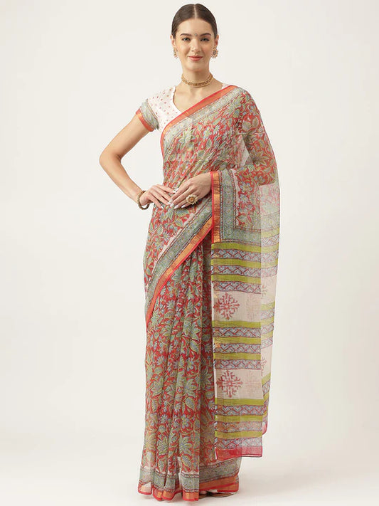 Maroon Handblock Kota Doria Saree