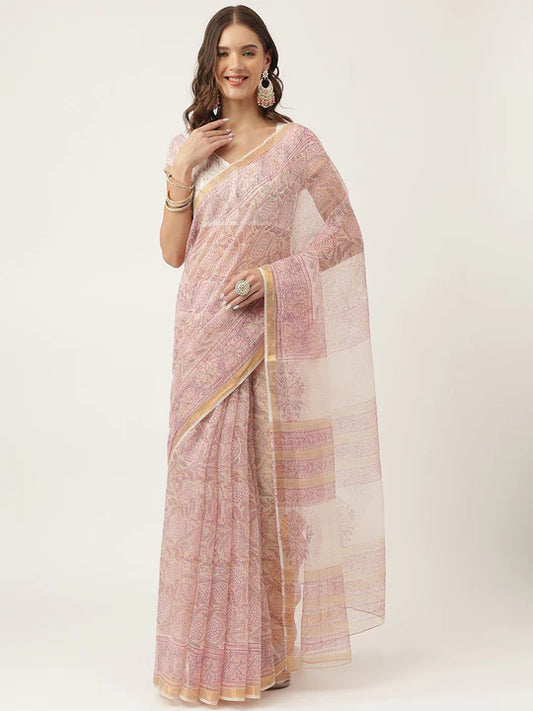 Pink Handblock Cotton Kota Doria Saree