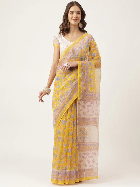 Yellow Handblock Kota Doria Saree