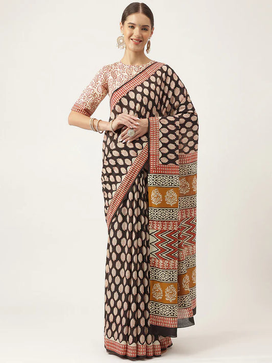 Black & Beige Handblock Mulmul Cotton Saree