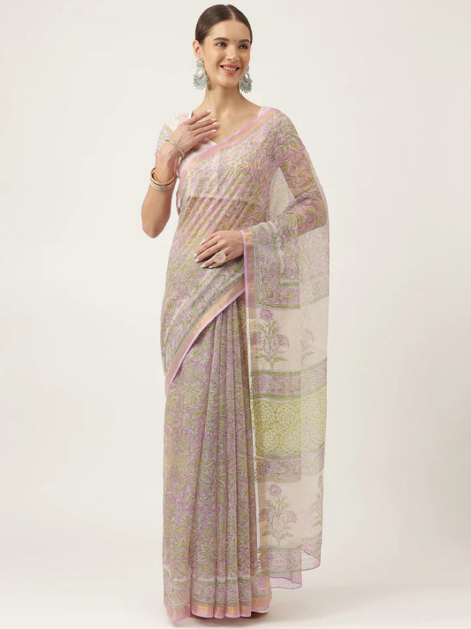 Purple Handblock Kota Doria Saree