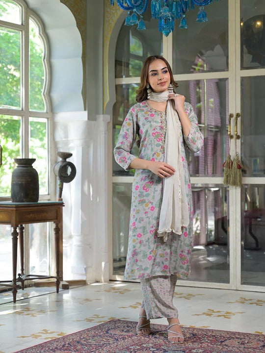 Light Grey Floral Print Muslin Kurta Trouser with Dupatta