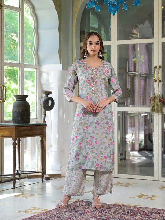 Light Grey Floral Print Muslin Kurta Trouser with Dupatta