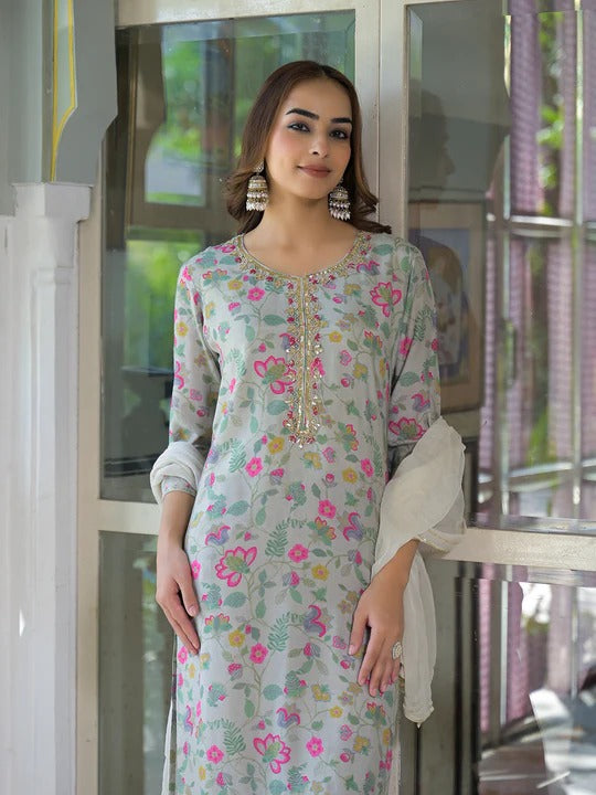 Light Grey Floral Print Muslin Kurta Trouser with Dupatta
