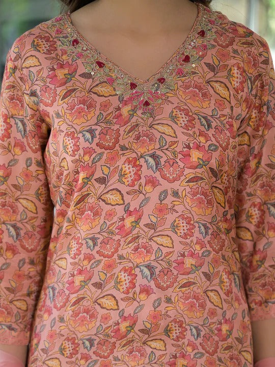 Peach Floral Print Muslin Embroidred Kurta Trouser with Dupatta