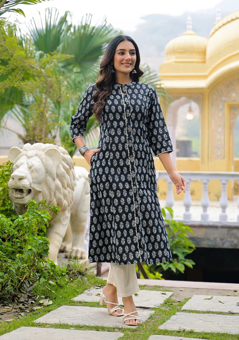 Black Cotton Classic A-Line Kurta