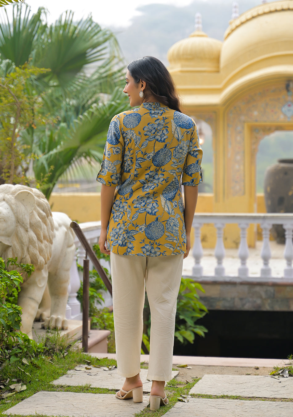 Mustard bloom Rollup Sleeves A-Line Top