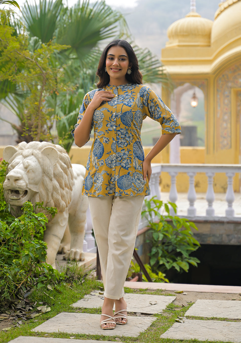 Mustard bloom Rollup Sleeves A-Line Top