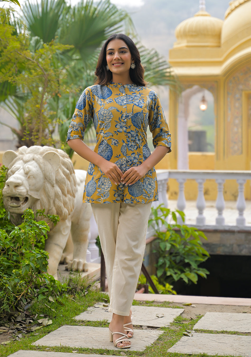 Mustard bloom Rollup Sleeves A-Line Top